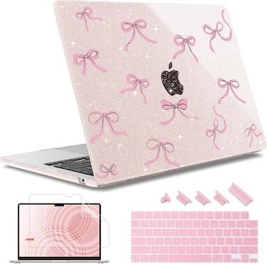 May Chen Case for MacBook Air 13136 inch M5 A3449 M4 A3240 M3 A3113 M2 A2681 2026 2025 20242022 Plastic Hard Shell with Keyboard Cover Screec Protector Sakura Pink Glitter Bow