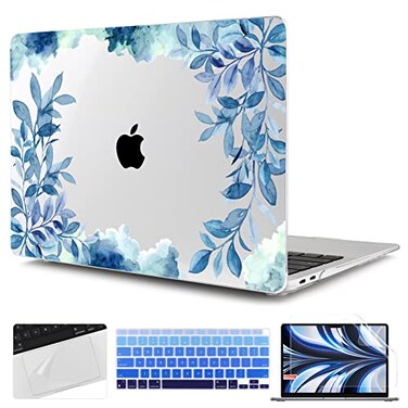 TWOLSKOO for 2021 2020 2019 2018 MacBook Air 13 inch Case A2337 M1 A2179 A1932 Hard Shell Case with Keyboard Skin Screen Protector for MacBook Air 133 inch with Retina Touch ID Blue Floral