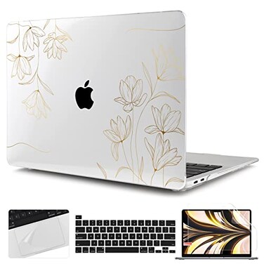 TWOLSKOO Compatible with MacBook Pro 13 inch Case 2022 2021 20202016 A2338 M2M1 A2251 A2289 A2159 A1989 A1706 Plastic Hard Shell Cover Keyboard Skin Screen Protector Gold Florals