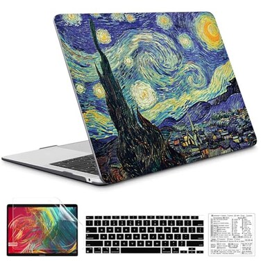 QCzyc Compatible with MacBook Air 13 Inch Case 2022 20212018 A2337 M1 A1932 A2179 Durable Hard Plastic Shell Case Keyboard CoverMac OS Keyboard Sticker Van Gogh Starry Sky