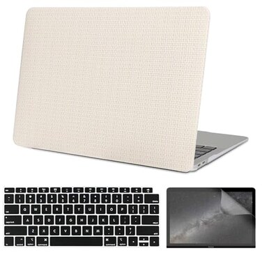 iNOTOGG Compatible with MacBook Air 13 Inch Case with Touch ID 2021 2020 2019 2018 Model A2337 M1 A2179 A1932 Classic Braided Pattern Hard Plastic Case with Keyboard Cover Screen Protector White