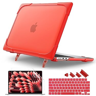 Batianda Heavy Duty Case for MacBook Air 15 inch 2026 M5 2025 M4 2024 2023 Release Model A3448A3241A3114A2941 Ergonomic Foldable Kickstand Holds 22lbs Matte Translucent Shockproof Cover Red