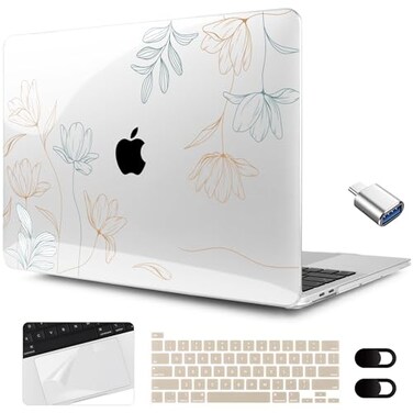 MEEgoodo for MacBook Pro Case 13 inch 2022 2021 2020 A2338 M2M1 A2251 A2289 with Touch ID Clear Laptop Hard Shell Cases with Keyboard Webcam Cover Trackpad Film Type C Adapter Engraving Floral