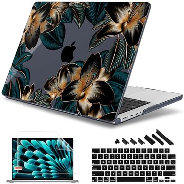 May Chen for 2026 MacBook Pro 14inch M5 M4 M3 M2 M1 ProMax Chip Release 2026 20252021 Model A3427 A3426 A3434 A3112 A3401 A3185 Plastic Hard Shell with Keyboard Cover Golden Lilies Flowers