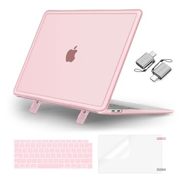 MOSISO Compatible with MacBook Air 13 inch Case 2022 2021 20202018 A2337 M1 A2179 A1932 Heavy Duty Shockproof Plastic Hard Case with Fold KickstandKeyboard SkinScreen FilmType C Pink