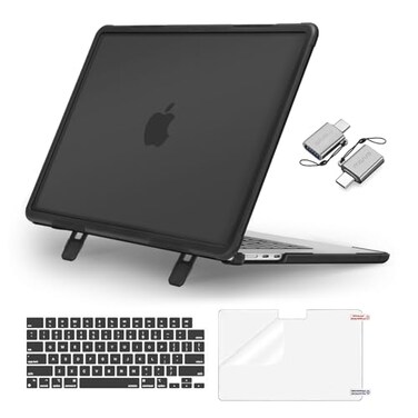 MOSISO Matte Case Compatible with MacBook Air 15 inch M5 2026 M4 2025 M3 M2 2024 2023 A3448 A3241 A3114 A2941ShockResistant Hard Case with Fold KickstandKeyboard CoverScreenFilmType C Black