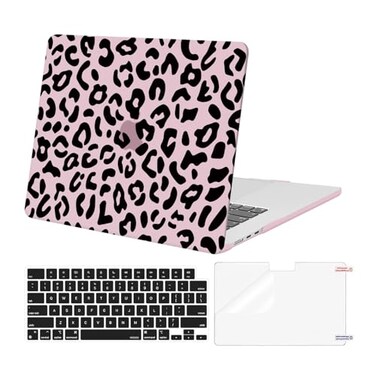 MOSISO Compatible with MacBook Air 15 inch M5 2026 M4 2025 M3 M2 2024 2023 A3448 A3241 A3114 A2941 with Touch ID Protective Leopard Grain Hard ShellKeyboard CoverScreen Protector Pink