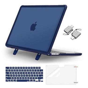 MOSISO ShockAbsorbing Cover Compatible with MacBook Air 13 inch Case 20262022 M5 A3449 M4 A3240 M3 A3113 M2 A2681 4 in 1 Kit AntiCrack Hard Shell with Kickstand for MacBook Air 136 Navy Blue