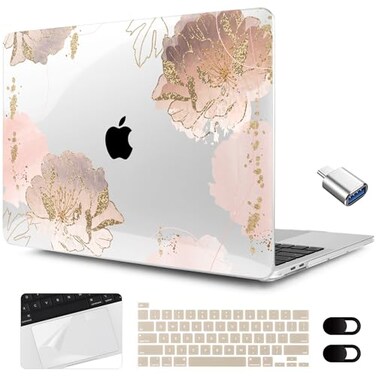 MEEgoodo for MacBook Pro Case 13 inch 2022 2021 2020 A2338 M2M1 A2251 A2289 with Touch ID Clear Laptop Hard Shell Case with Keyboard Webcam Cover Trackpad Film Type C Adapter Pink Peony Flowers