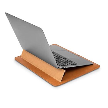 Moshi Muse Laptop Sleeve with Folding Stand for 13 MacBookLaptop Ergonomic 15Degree Convertible Stand Vegan Leather ZipperLess Magnetic Design Microfiber Inner Lining Caramel Brown