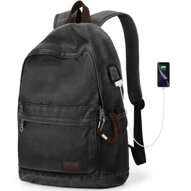 Muzee Canvas Backpack for Women and Men Lightweight Classic Laptop Backpack with USB Charging Port for School Travel and Daily Use Black