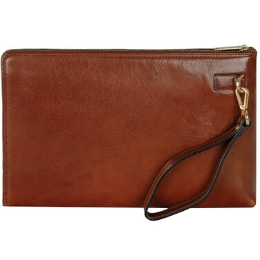 Time Resistance Leather Clutch for Men Organizer Wrist Bag Briefcase Handmade in Italy Cognac Brown