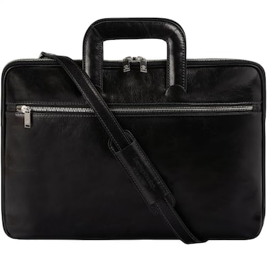 Time Resistance Slim Leather Briefcase Italian Handmade Leather Laptop Bag for Men and Women Black