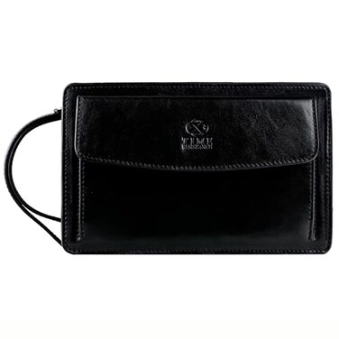 Time Resistance Leather Clutch for Men Organizer Wrist Bag Briefcase Handmade in Italy Black Gift Box Included