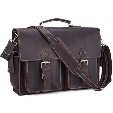 POLARE ORIGINAL Polare 17 Mens Full Grain Leather Laptop Briefcase Business Messenger Bag Satchel Work Bag For Men