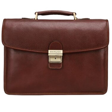 Banuce Premium Italian Full Grain Leather Briefcase for Men with Lock Fits 14 Inch Laptop for Business Travel Office Work with Shoulder Strap Brown