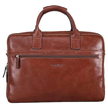 Banuce Premium Italian Full Grain Leather Briefcase for Men 14 Inch Laptop Bag for Business Travel Office Work with Luggage Strap and Shoulder Strap Brown