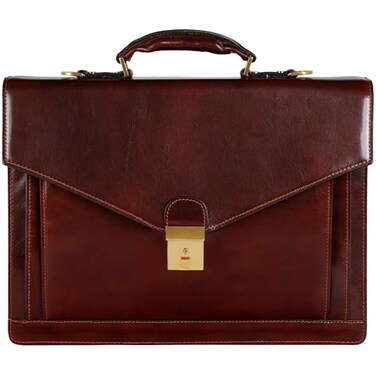 Time Resistance Leather Briefcase for Men Business Laptop Bag Italian Handmade Leather Bag Attache Gift Box Included Brown