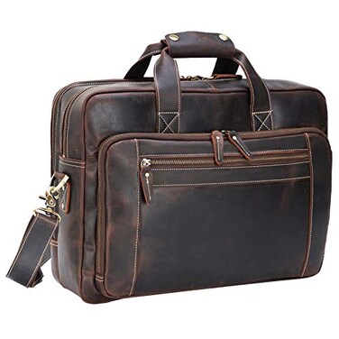 compalo Mens Solid Thick Full Grain Leather 173 Laptop Briefcase Classic Messenger Bag Fit Business Travel