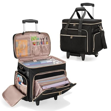 Prokva Rolling Teacher Bag with Wheels Teacher Tote Bag with Detachable Trolley Fits for 156 Laptop Black Patent Design
