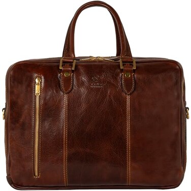 Time Resistance Leather Laptop Briefcase Full Grain Leather Computer Bag for Men and Women Brown