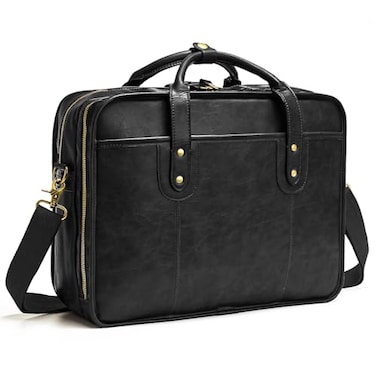 Bosidu Leather Briefcase for Men 156 Inch Business Laptop Bag Water Resistant Vintage Messenger Bag Black