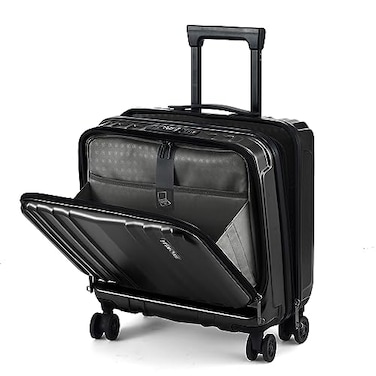 TydeCkare 16 Carry on Luggage with 2 Laptop Compartments Lightweight Hardshell ABSPC Suitcase with Dual Control TSA Lock with YKK Zipper 4 Spinner Silent Wheels for Business Travel Black