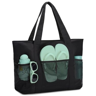 VASCHY Beach Bag for WomenMen Foldable Waterproof Sandproof Beach Tote with ZipperMesh Pockets for VocationCruiseGymTravel Black