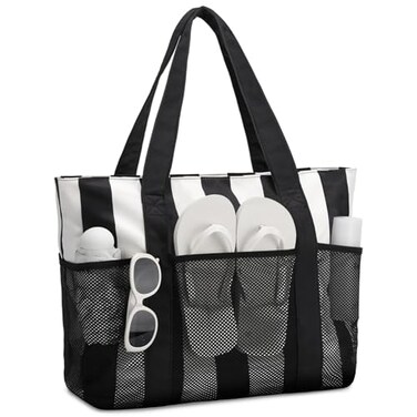 VASCHY Beach Bag for Women Foldable Waterproof Sandproof Beach Tote with ZipperMesh Pockets for VocationCruiseGymTravel Stripped Black White