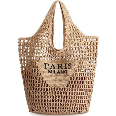 Hommtina Breathable Straw Mesh Beach Tote Bag Foldable Summer Bag for Vacation