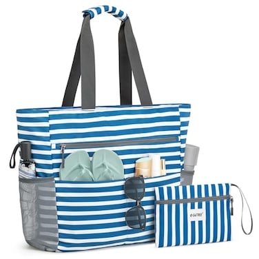 G4Free Beach Bag Waterproof Sandproof Beach Tote Bag50L Large Capacity Foldable for WomenNavy Stripe