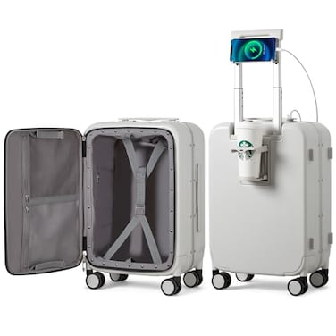 mixi Carry On Luggage with Cup Phone Holder and Charger Hard Shell Suitcases with Spinner Wheels 20 Inch Smoke White