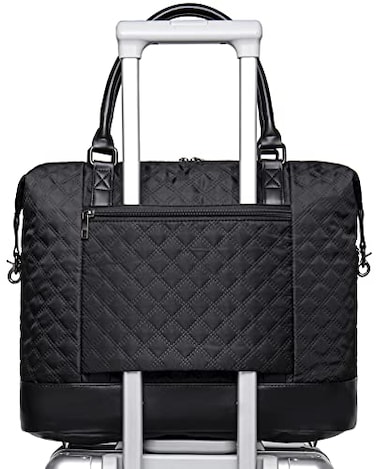Bluboon Women Ladies Weekender Carryon Tote Bag Overnight Duffel in Trolley Handle Quilted black
