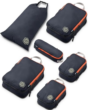 TRIPPED Travel Gear Compression Packing Cubes for Travel 6Piece Lightweight Packing Cubes Set for CarryOn Luggage Backpacks Grey and Orange