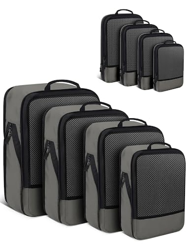 SDGFUI 4 PCS Set Compression Packing Cubes for Travel Lightweight Packaging Organizer Bags for Carry On Space Saving Travel Essentials Cubes for Suitcase Backpack Grey