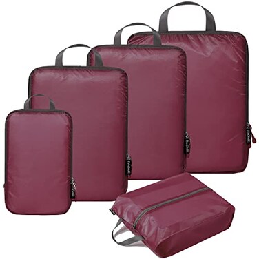 BAGAIL 5 Set Ultralight Compression Packing Cubes Travel Accessories Expandable Packing OrganizersBurgundy