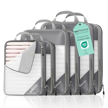 NICOSHOW 6 Set Compression Packing Cubes for Travel Compressible Lightweight and SpaceSaving Packing Cubes Travel Essentials for Women Grey