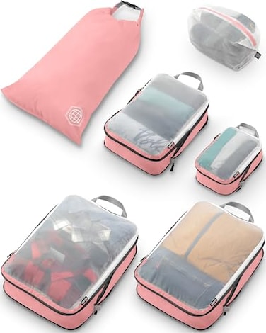 TRIPPED Travel Gear Large Packing Cube Set with See Through Mesh Compression Packing Cubes Travel Organizers by Dusty Rose