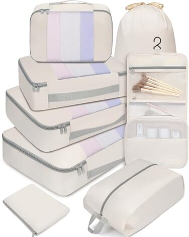 BAGAIL 8 Set Packing Cubes Various Sizes Packing Organizer for Travel Accessories Luggage Carry On SuitcaseBeige