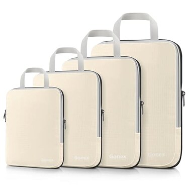 Gonex Compression Packing Cubes 4pcs Expandable Storage Travel Luggage Bags Organizers Cream