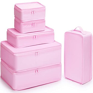 Mossio Luggage Organizer 6 Pack Foldable Travel Cubes Lightweight Storage Bag Pink