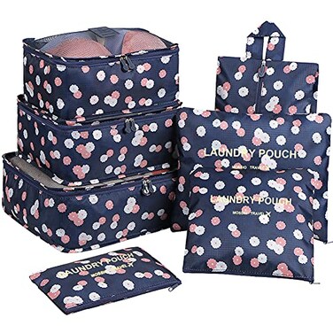 Mossio Luggage Organizer 7 Set Compression Pouches for Suitcase Backpacking Camping Cruise Navy Daisy