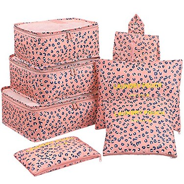 Mossio Luggage Cubes 7 Pack Lightweight Toiletry Organizer Space Saver Travel Accessories Pink Leopard