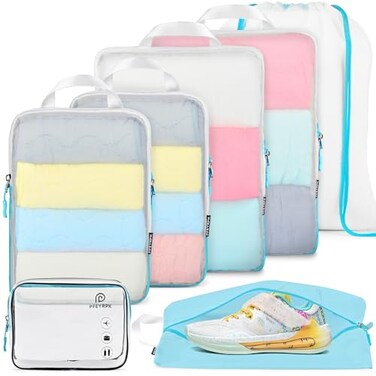 PFEYRPK Compression Packing Cubes for SuitcaseExpandable Packing Cubes Compression for Travel 7 Set with Clear Toiletries Shoe Bag and Backpack Bag Organizer Cubes for Travel Essentials