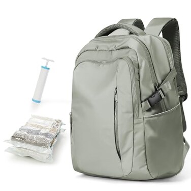 suwasp Travel Backpack with 2 Pack Vacuum Bags and Hand Pump Personal item Backpacks Vacuum Storage Bags for Women Men Travel Essentials Space Saving Compression Bag for BackpackLuggageSuitcase Green