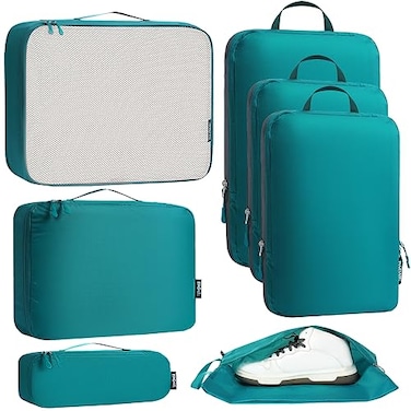 Bagail Ultralight Packing Cubes 7 Set 3 Compression Packing Cubes 3 Packing Organizers With 1 Shoe BagTeal