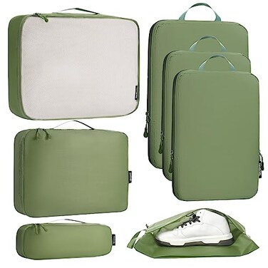 Bagail Ultralight Packing Cubes 7 Set 3 Compression Packing Cubes 3 Packing Organizers With 1 Shoe BagMatcha