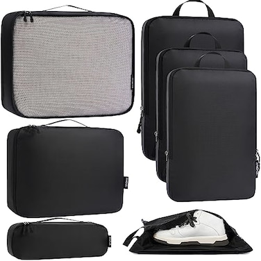 Bagail Ultralight Packing Cubes 7 Set 3 Compression Packing Cubes 3 Packing Organizers With 1 Shoe BagBlack