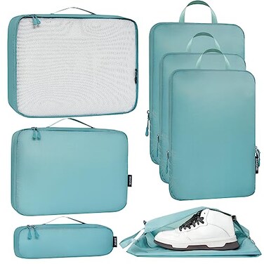 Bagail Ultralight Packing Cubes 7 Set 3 Compression Packing Cubes 3 Packing Organizers With 1 Shoe BagDusty Blue