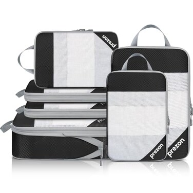 Prezon Compression Packing Cubes for Travel Lightweight Vacation Travel Essentials Travel Accessories for Suitcase Organizer Bags Set Durable Luggage Organizer 6 set Half Mesh Black
